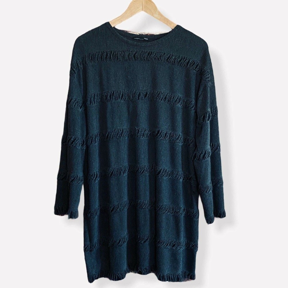 Zara Shredded Sweater Tunic Womens Small Gray Long Sleeve Crew Neck